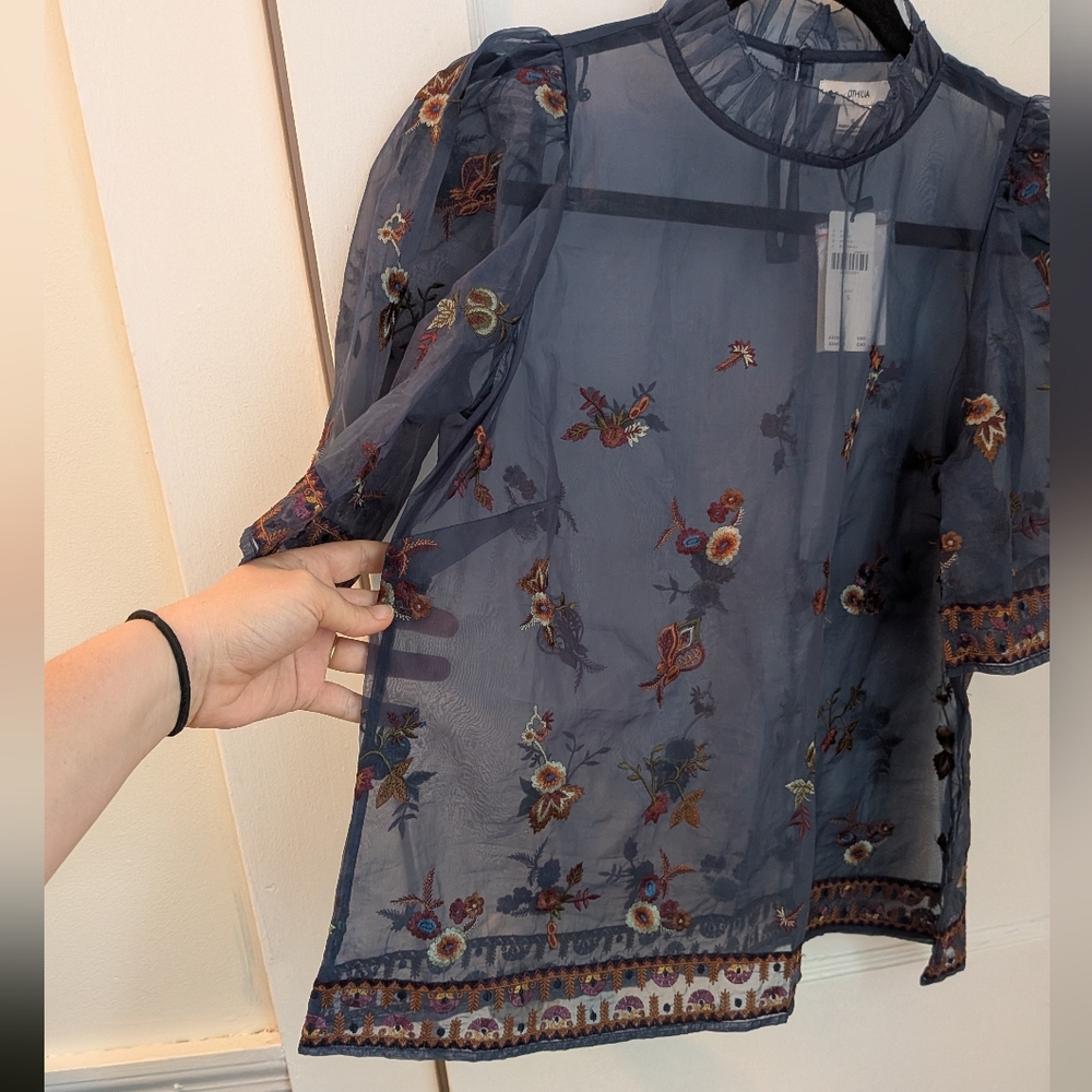 NWT Anthropologie Othilia Sheer Embroidered Puff-Sleeve Blouse - Size S - Picture 5 of 11